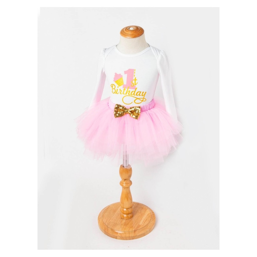 White Pink 3 Piece Onsie Tutu Skirt 1 Birthday Set - Picture 2 of 8